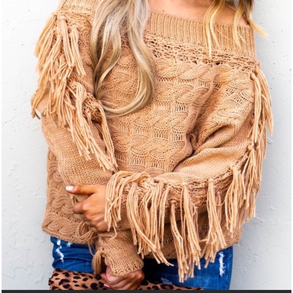 SALE OFF SHOULDER FRINGE STUNNER SWEATER - Picture 2 of 5